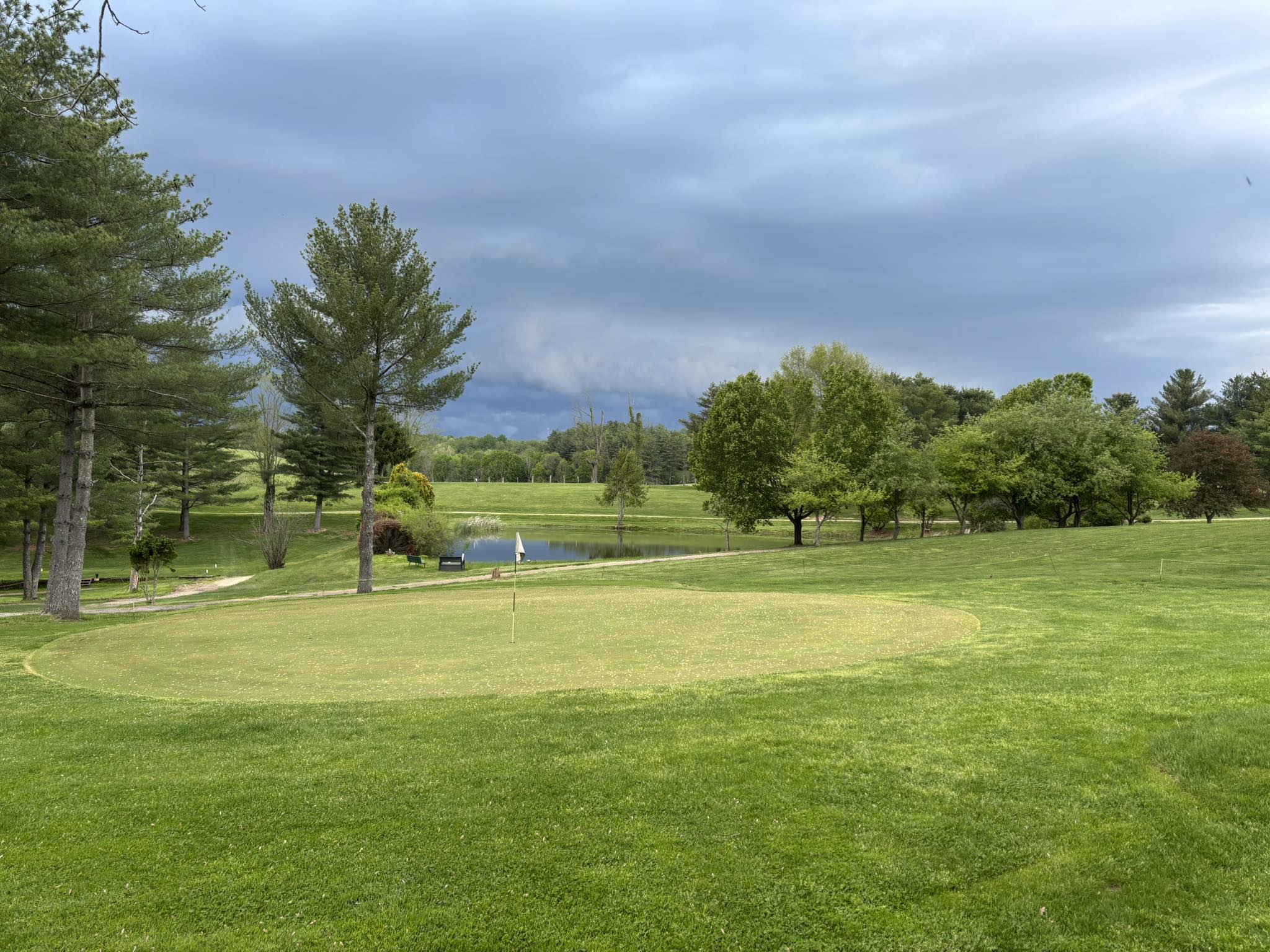 Golf course with cloudy sky and trees